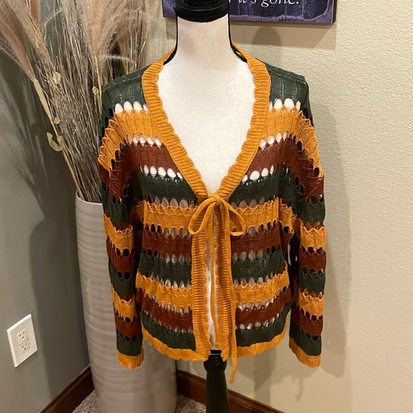Cider Knit V-Neck Striped Knotted Crochet Boho Flare Sleeve Cardigan Sweater XL - Picture 7 of 15